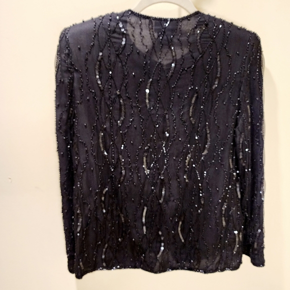J.M.C Women's Vintage Black Sequins Beaded Long Sleeves Silk Evening Cardigan PS - Picture 2 of 12